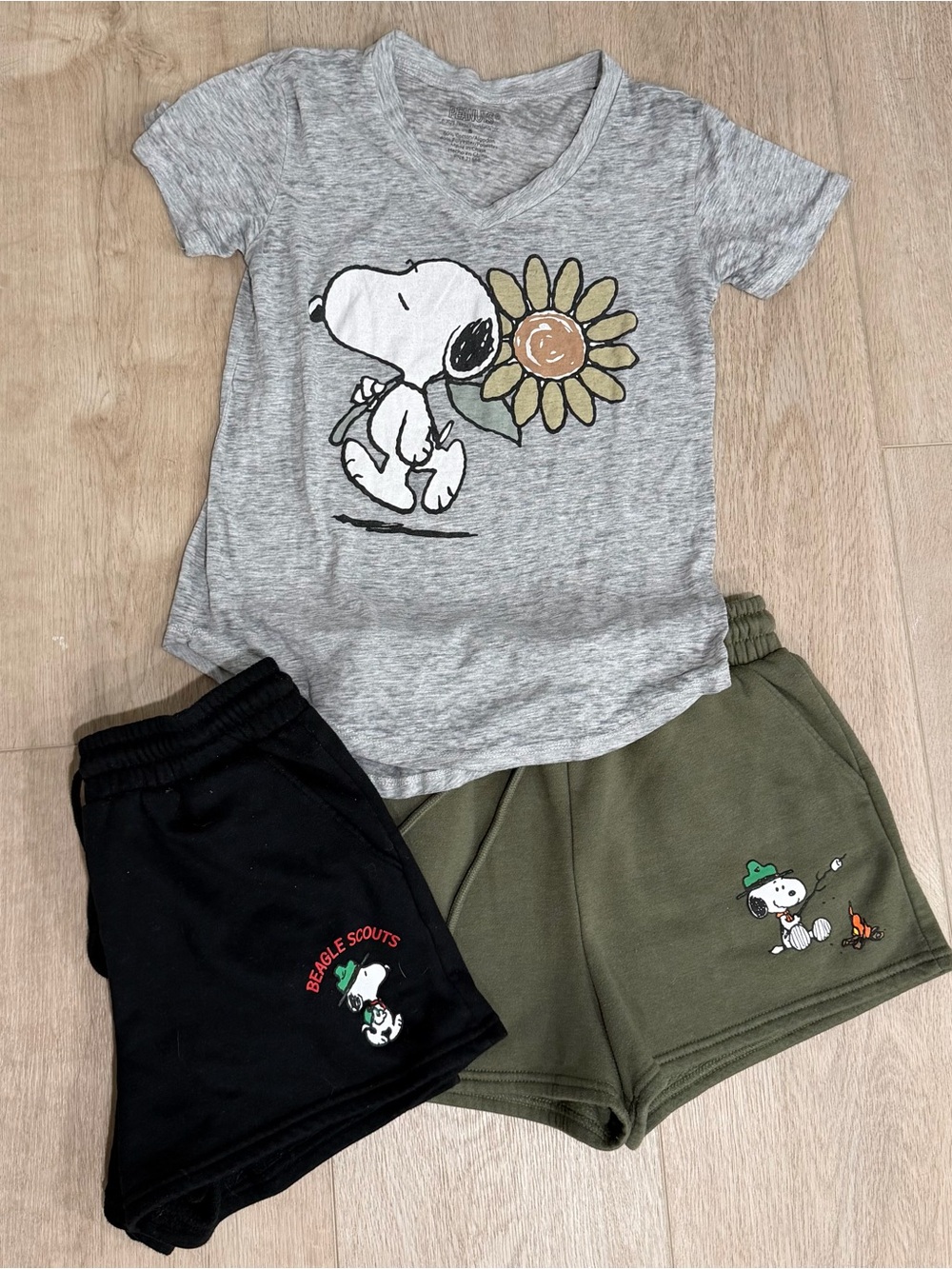 Peanuts for Aeropostale, Camp Snoopy Olive & Black Shorts (sz M) V neck T (sz S)